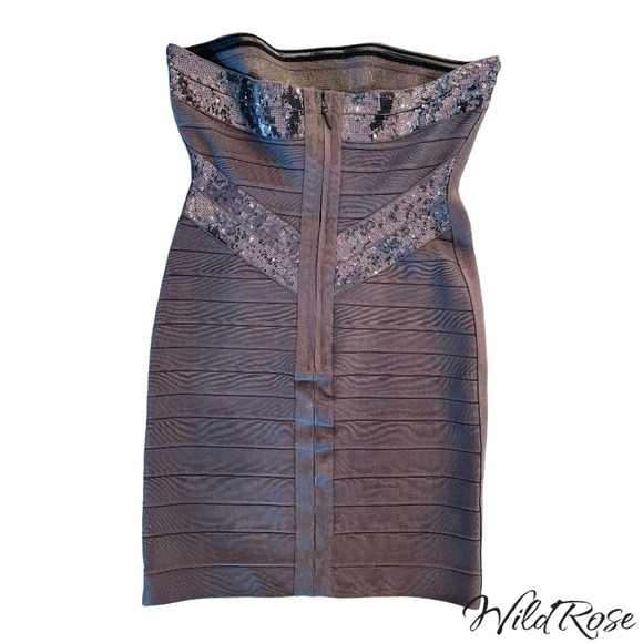 HERVE LEGER SHADOW (GRAY) SIMONE STRAPLESS SEQUINED BANDAGE DRESS SZ S - Picture 9 of 15